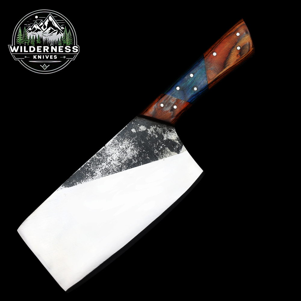 Handmade Carbon Steel Cleaver Knife with Color Wood Handle