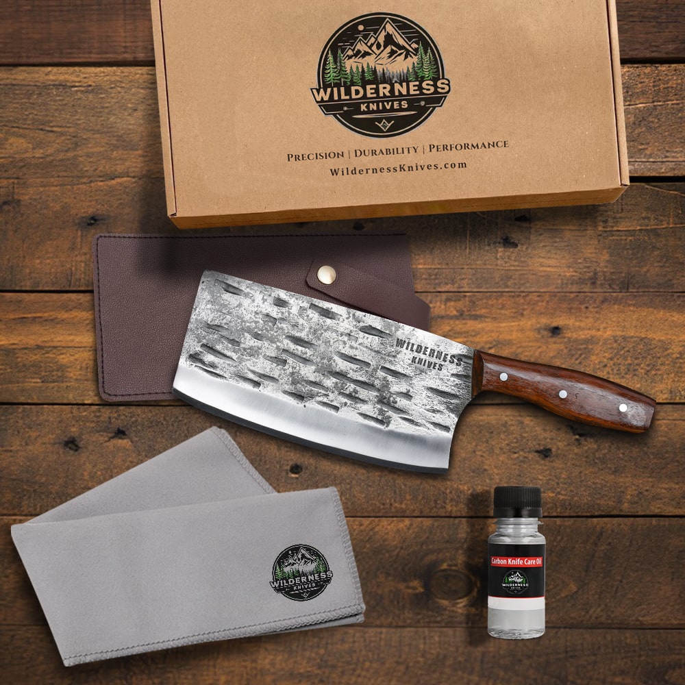 Artisan-Crafted Cleaver Butcher Knife with Carbon Steel, Unique Forged Blade and Premium Wooden Handle by Wilderness Knives®