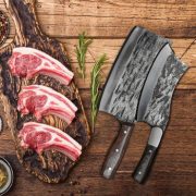 Hand-forged butcher knives for precise meat cutting.